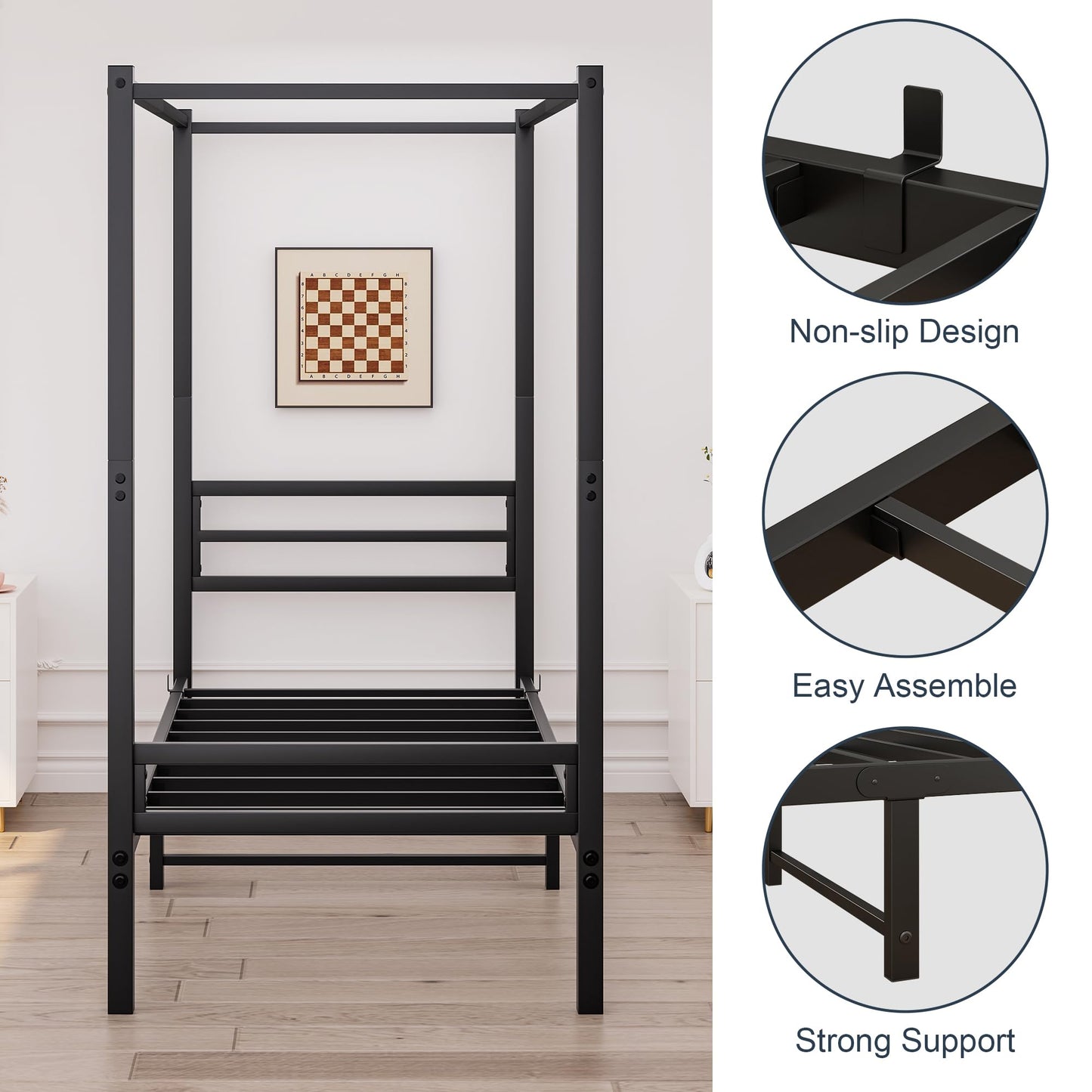 FOUBAM 3FT Single Canopy Bed Frame, Black Single Bed Frame