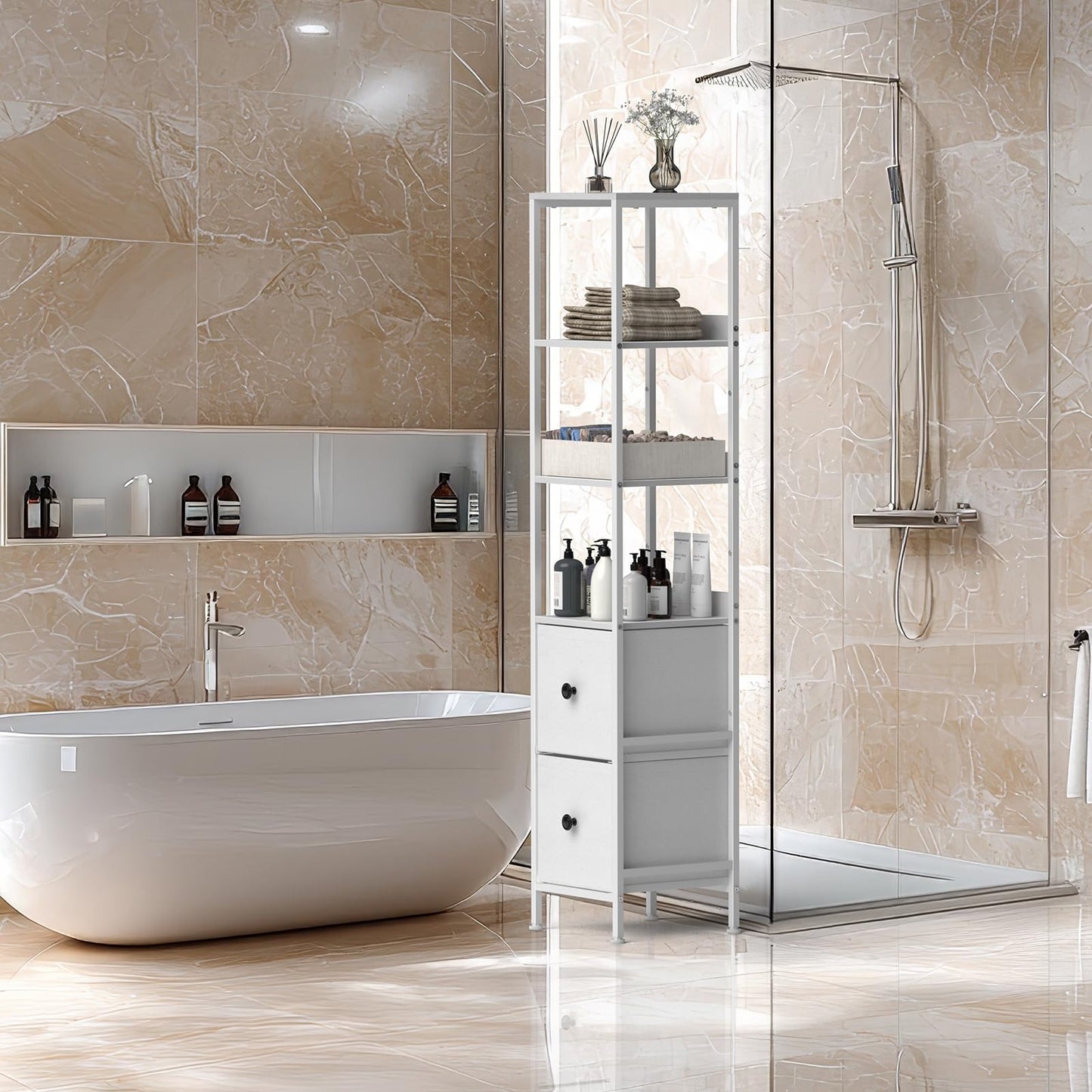 CADUKE Tall Bathroom Cabinet, Slim Storage Unit with 3 Open Wooden Shelves and 2 Fabric Drawers
