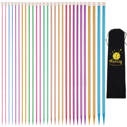 Reessy Coloured Knitting Needles Set-35cm Long, 28Pcs /14 Pairs Aluminium Single Pointed Needle 2 mm-10 mm, Long Knitting Needles, Straight Metal