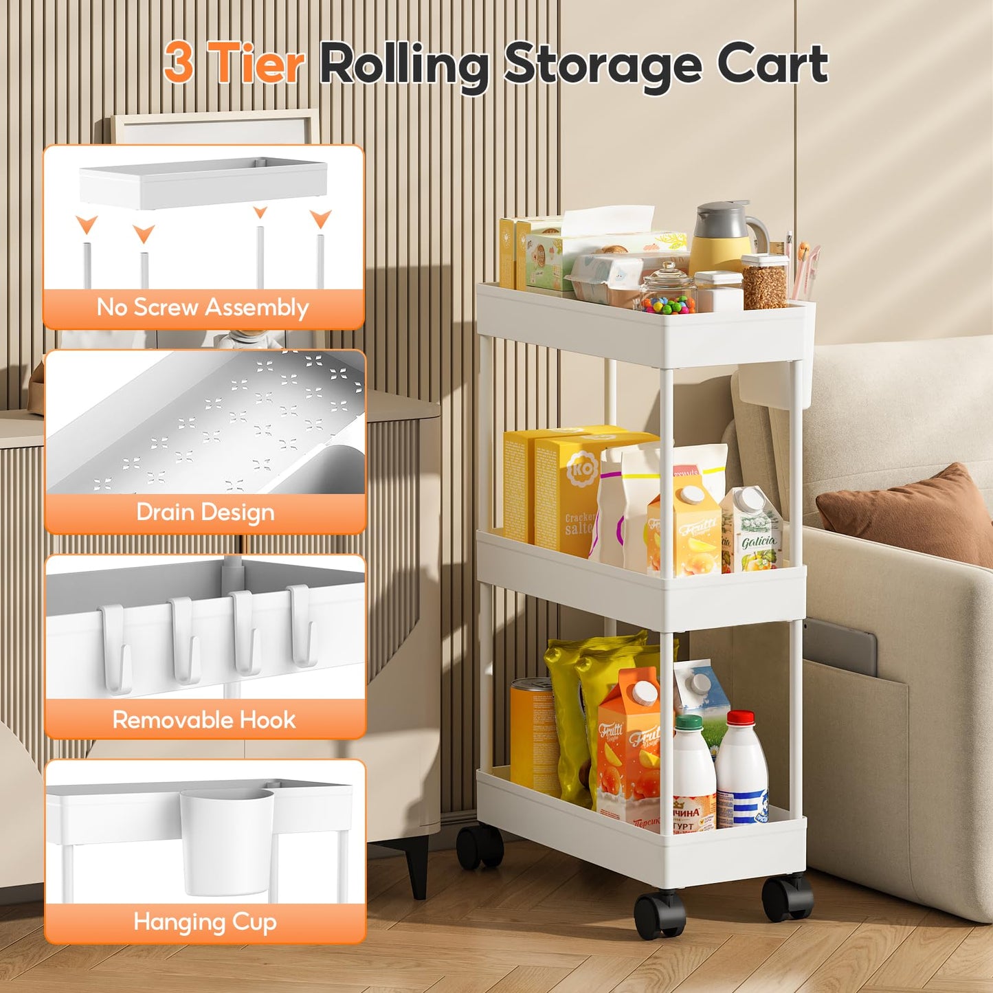 Shrivee Kitchen Cart with 3 Tiers, 2 Pack Narrow Bathroom Cart with Wheels, Plastic Basket and Metal Tube for Small Space Storage, Bathroom, Laundry