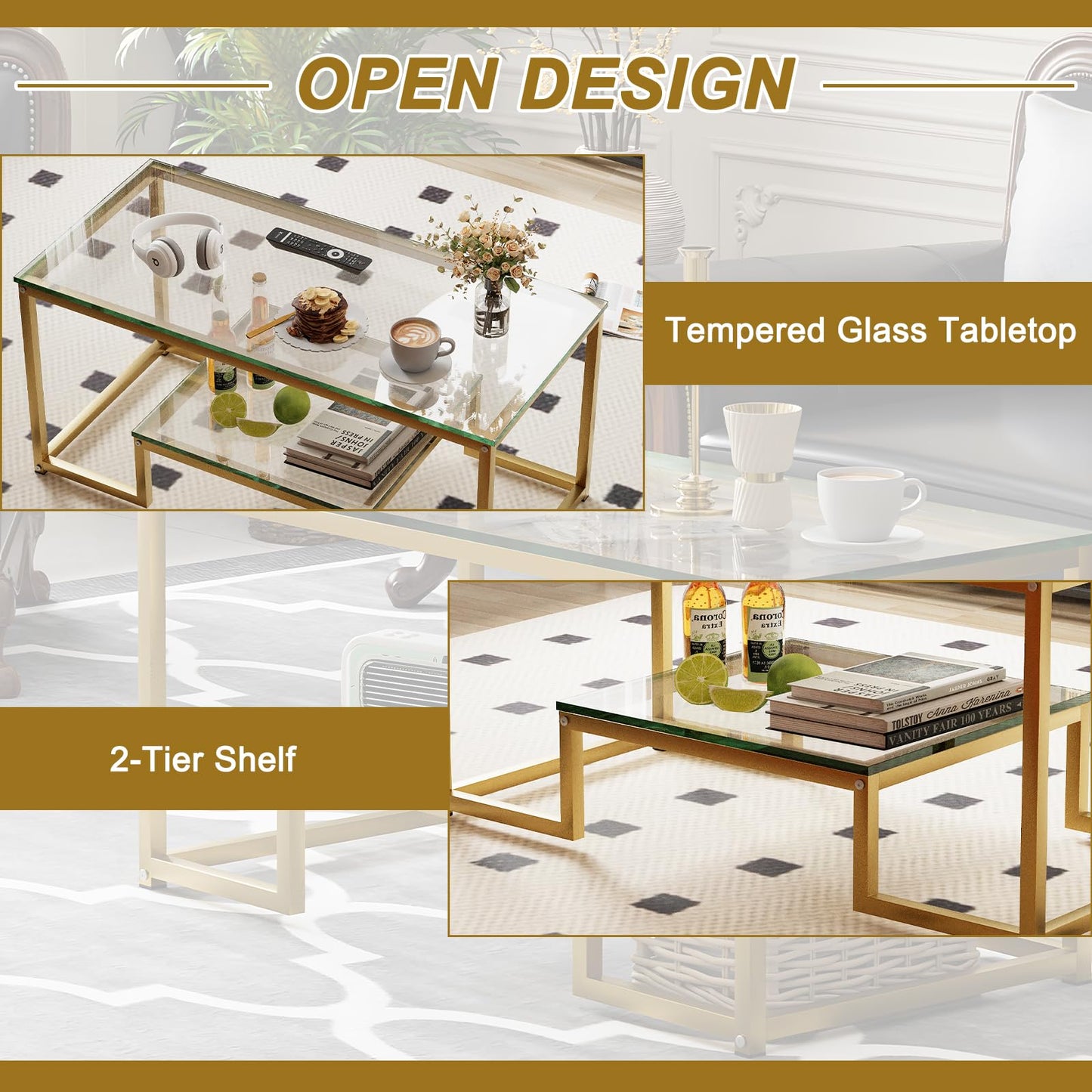 Coffee Table with Storage Shelf, Living Room Table with Metal Frame, Coffee Tables for Living Room, Center Table