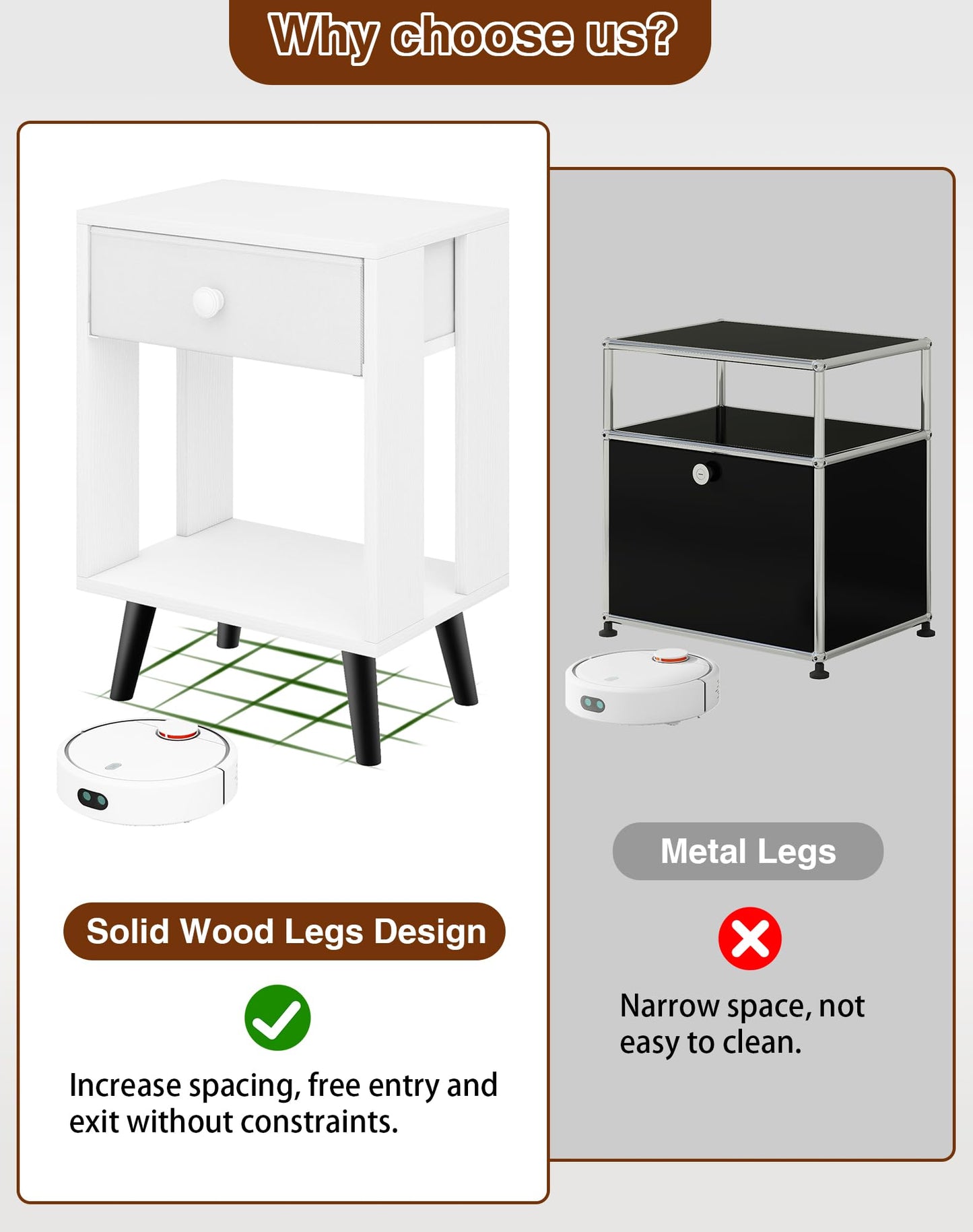 YMYNY Set of 2 Side Tables, Bedside Table, Sofa End Table, with Fabric Drawers and Open Shelf Unit, Solid Wood Legs, Nightstand, for Bedroom