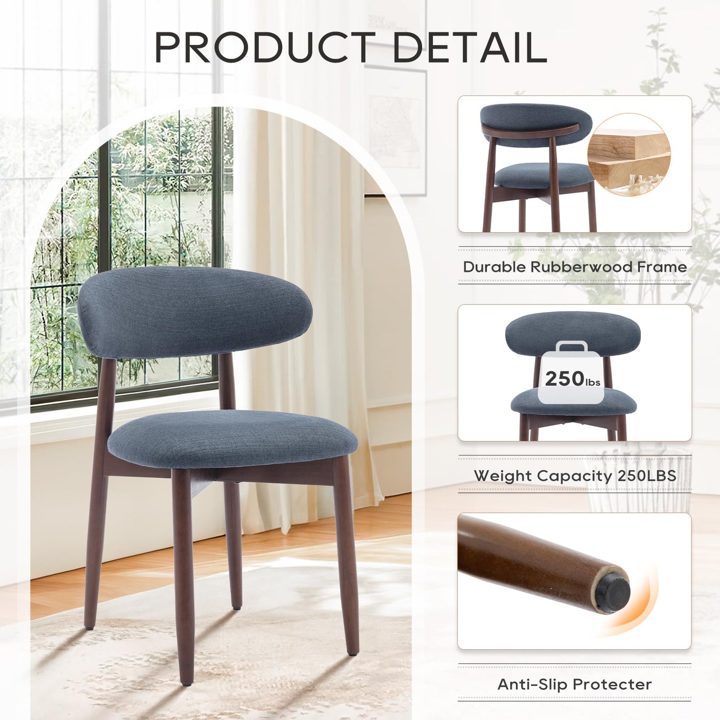 COLAMY Modern Dining Chairs Set with Wooden Legs – Upholstered Fabric Dining Room Chairs with Curved Backrest, Soft Cushion Seat