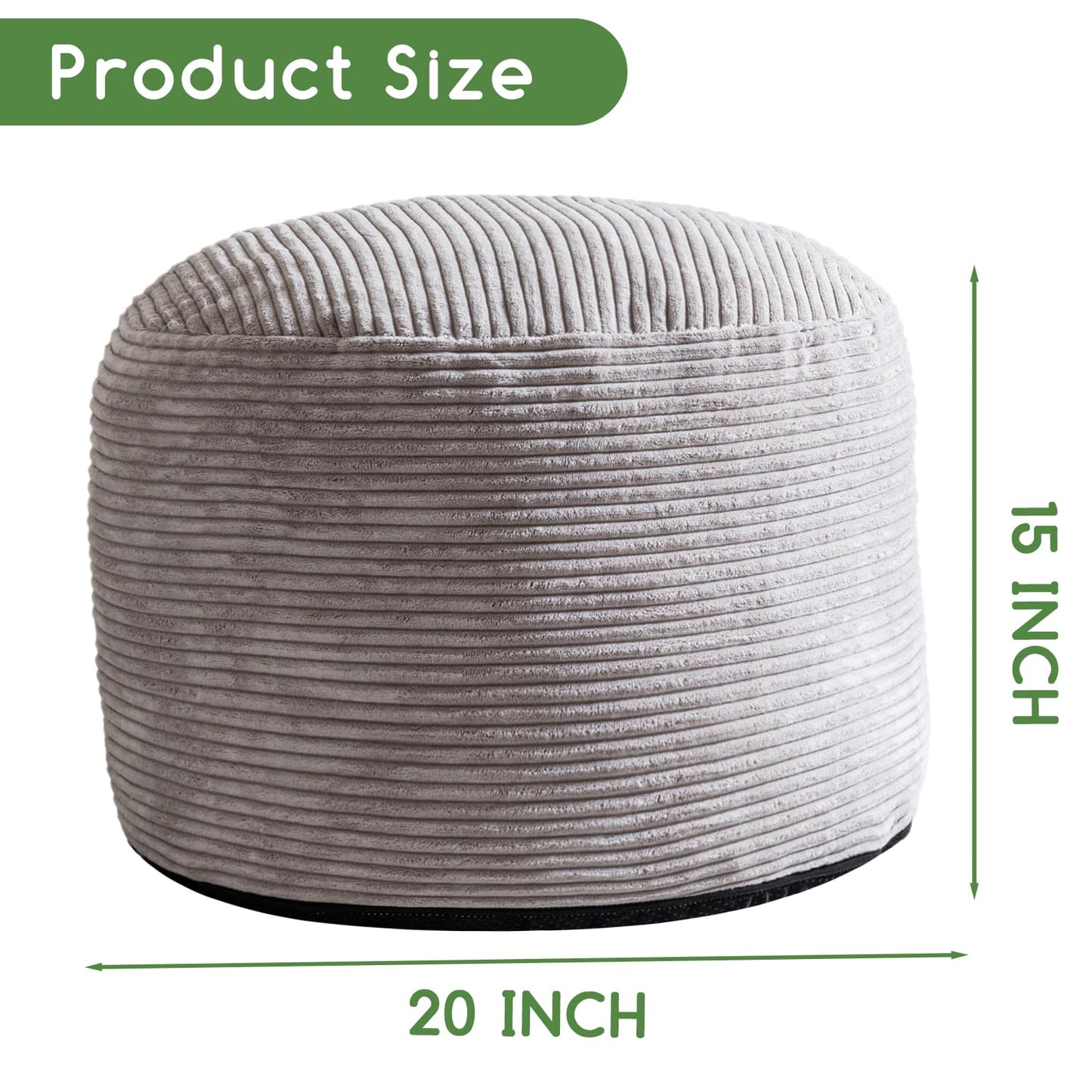 HIGOGOGO Corduroy Beanbags Round Footstool Bean Bag Pouf with Foam Chunk Filling, 50 x 35 cm Floor Poufs Foot Rest for Living Room, Grey