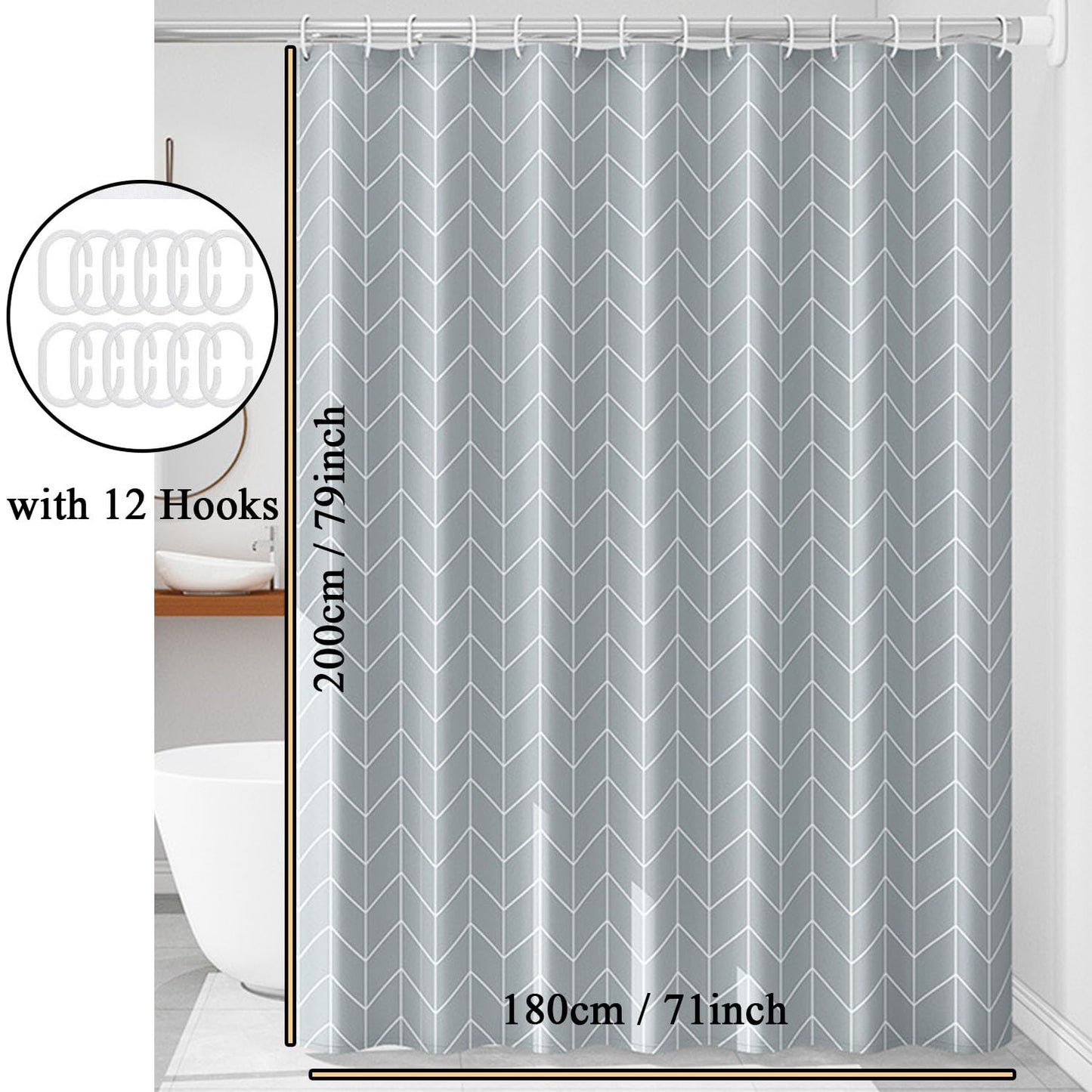 hzkais Grey Shower Curtain, Mould Proof and Mildew Resistant Washable Bathroom Curtains, Shower Curtain for Bathroom, Bath Curtains with Hooks