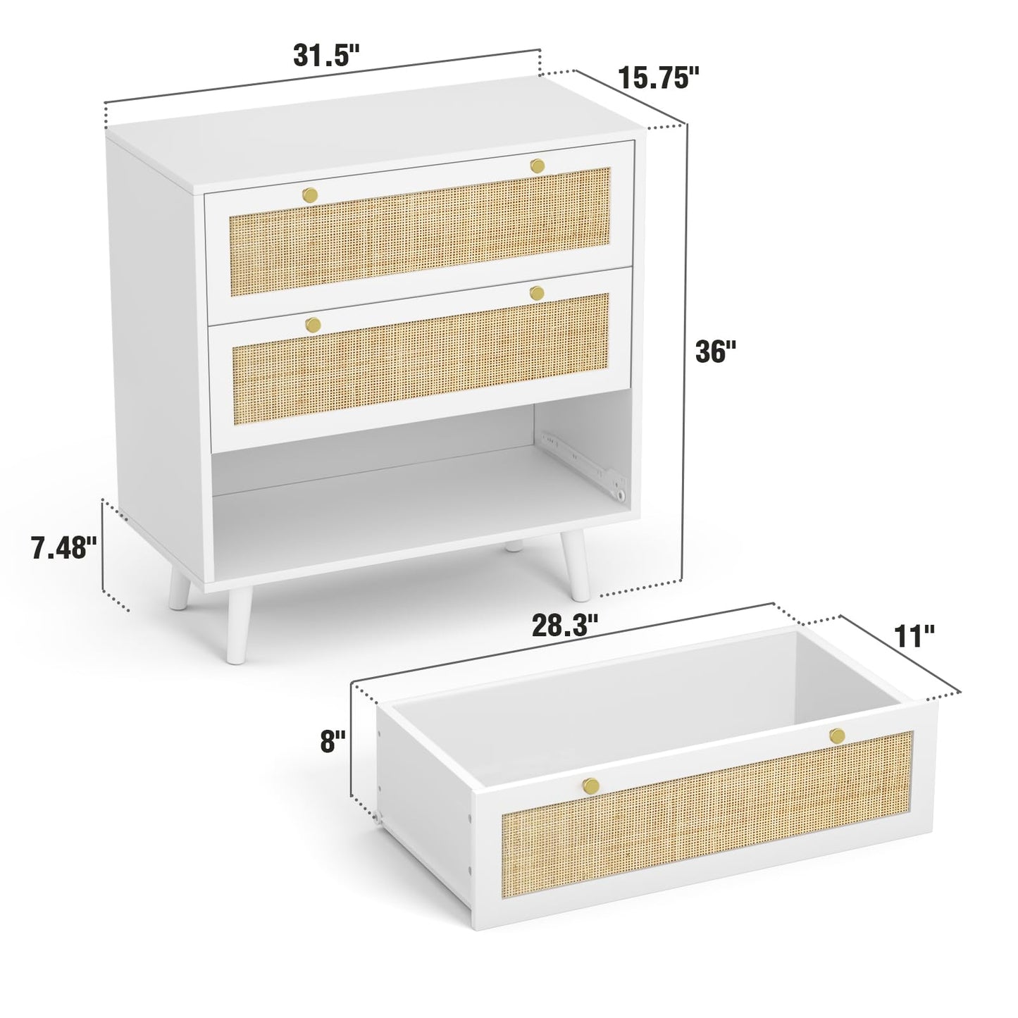 Skokliz White Chest of Drawers for Bedroom, Rattan 3 Drawer Storage Organiser Unit with Spacious Storage Cabinet Nursery Furniture, Living Room
