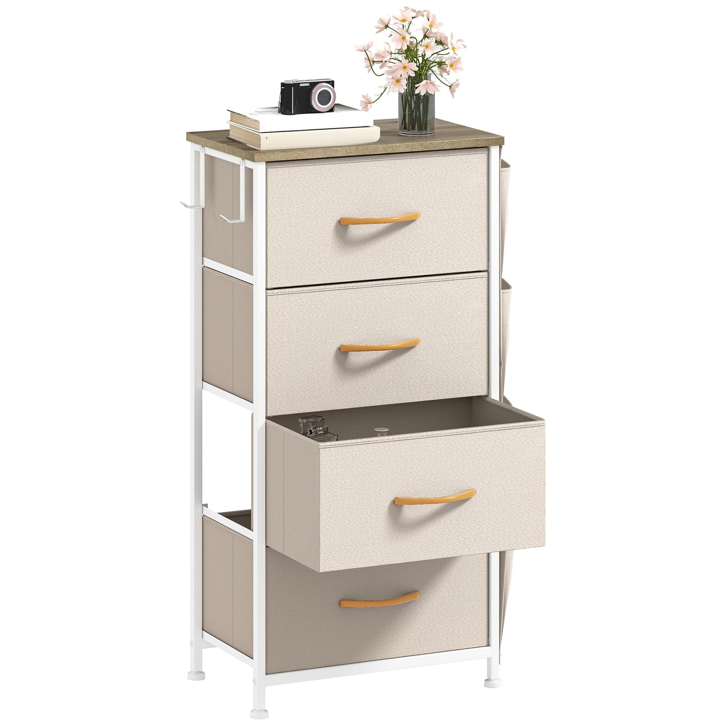 DWVO Narrow Chest of Drawers with 4 Drawers, Fabric Chest Drawers with Side Pocket&Hooks,Easy Pull Handle,Sturdy Steel Frame for Bedroom,Living