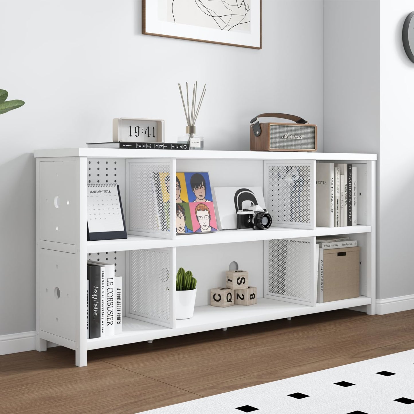 LVB White Horizontal Bookcase, Modern Bookshelf Cube Storage Organizer, Farmhouse Wide Large Wood Metal Book Shelf