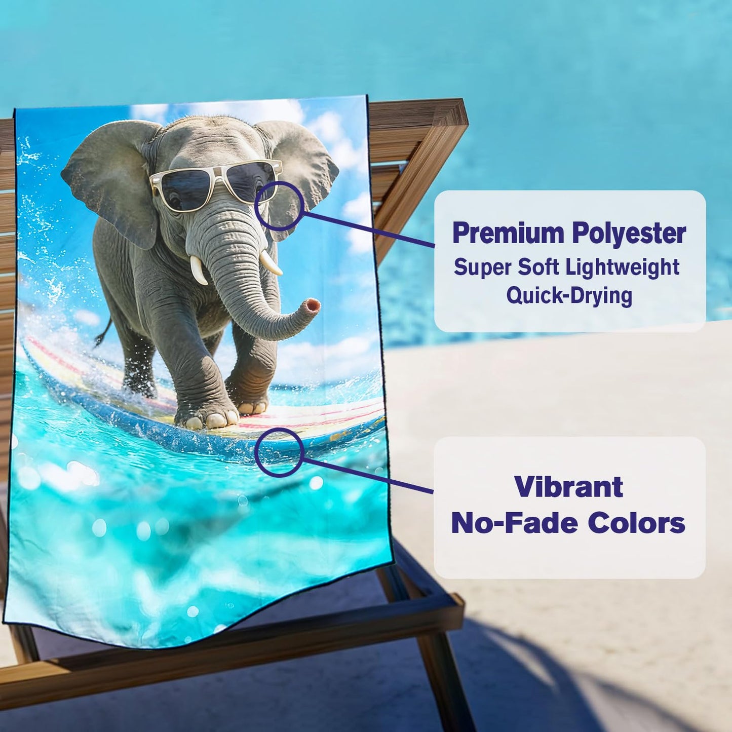 Violetpos Surfing Elephant with Sunglasses Silhouette Beach Towel, Extra Large 180x90 cm 250GSM Microfibre, Sand Free Quick Dry