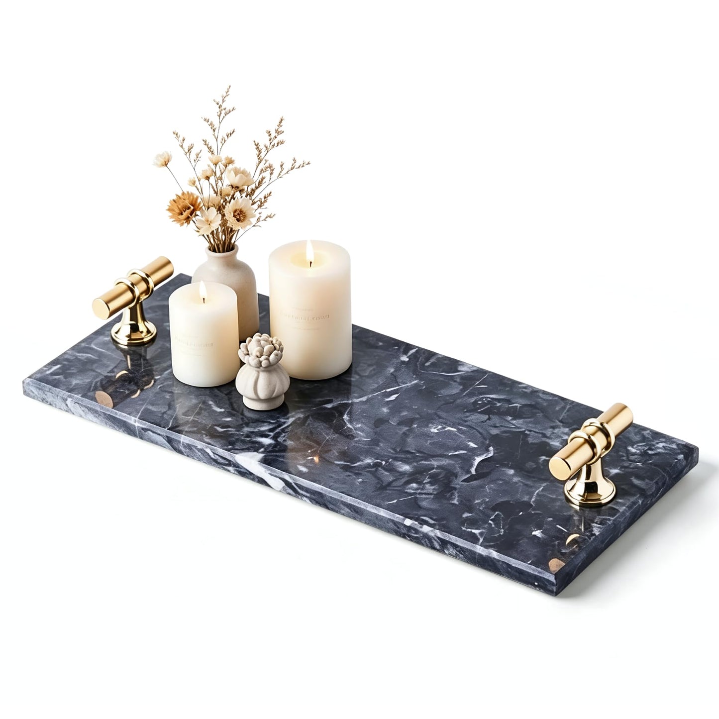 Natural Marble Vanity Tray with Handles & Foot Pads for Bathroom Home Decor