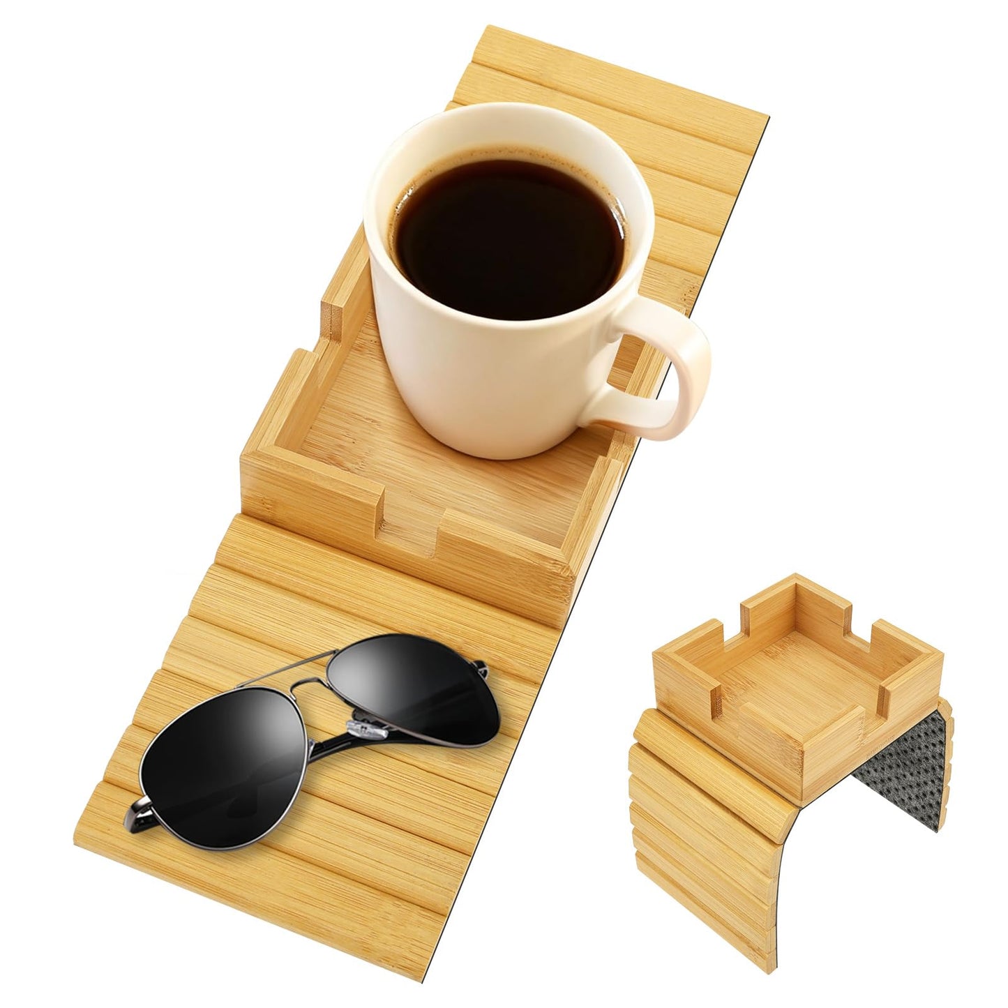 2Pack Sofa Arm Tray, Foldable Couch Cup Holder Bamboo Armrest Tray, Sofa Armrest Organiser for Drinks, Snack, and Remote