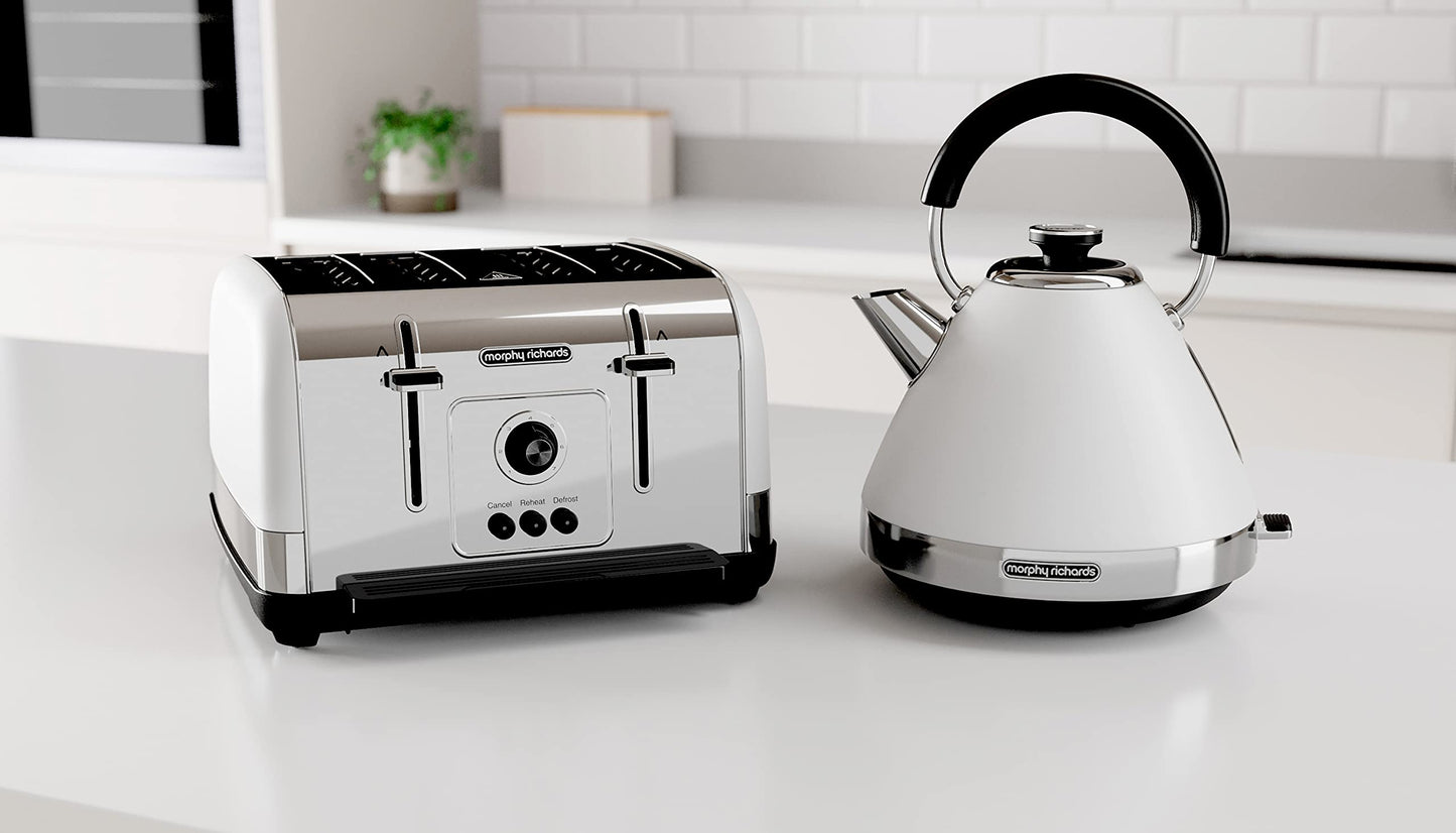 Morphy Richards Venture 4 Slice Toaster, Brushed Stainless Steel, Defrost and Reheat, Removeable Crumb Tray, High Lift Function, White, 240134