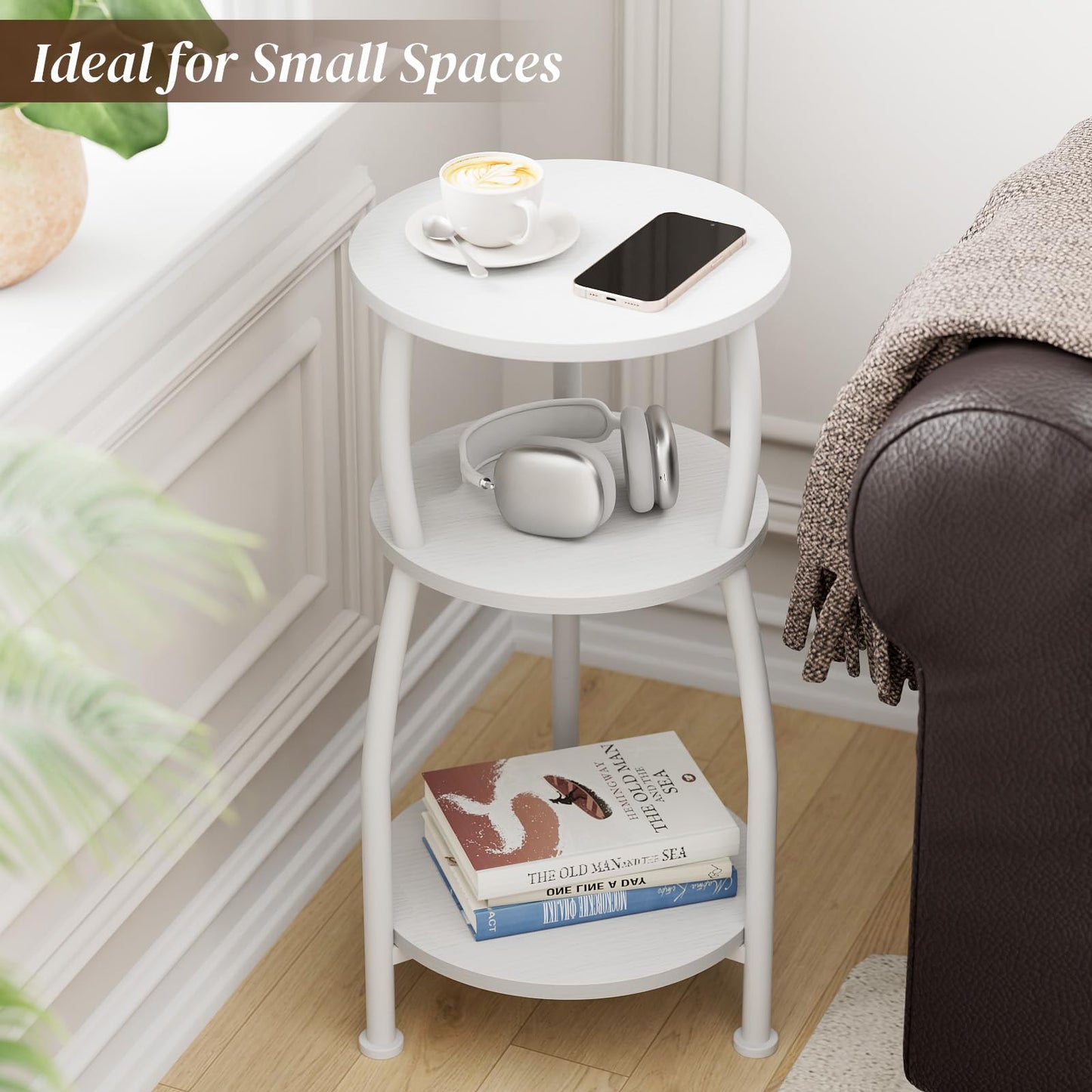 Yuede Round Side Table, 3 Tier Slim Round Coffee Table, Small End Table with Storage Shelf, Bedside Table, for Living Room, Bedroom, Small Space