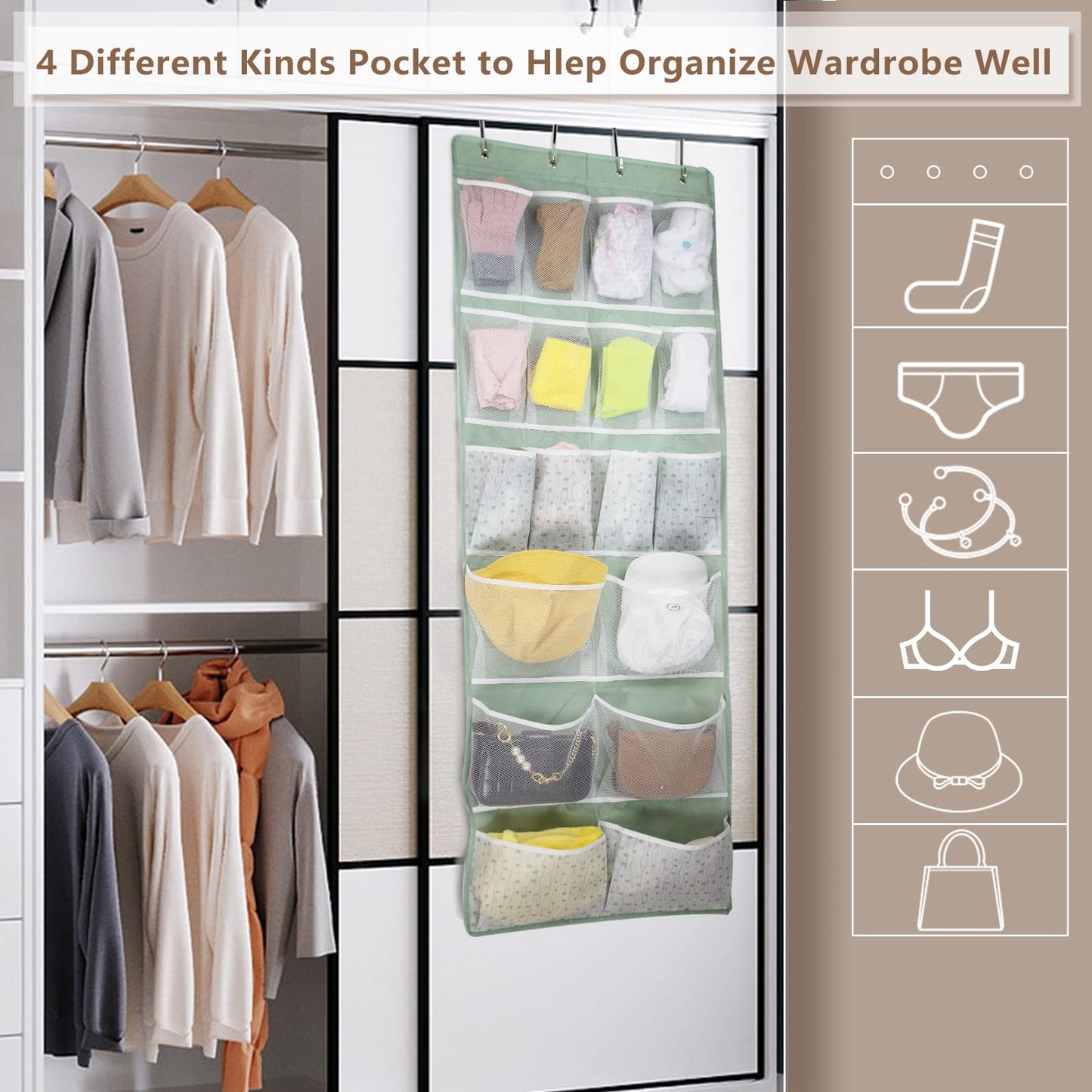 18 Pockets Over Door Storage Organiser,Back of Door Hanging Pocket for Shoes,Sock,Underwear,Hat,Handbag,Cleaning Supply,Toiletry,Behind Door Storage