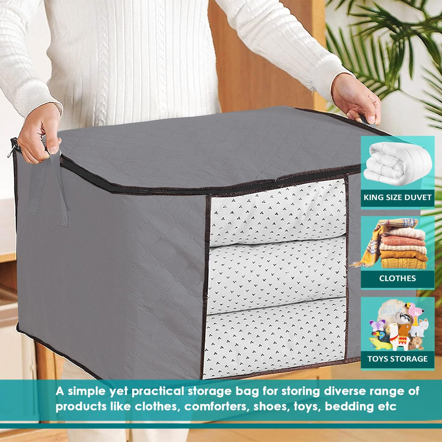 Joybees Clothes Storage Bags with Lids, 3-Pack, 90L Large Foldable Boxes with Zipper & Clear Window, Thick Scratch-Resistant Material