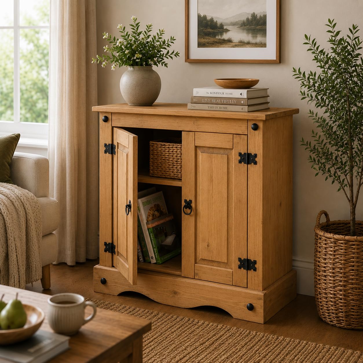 Corona Sideboard Cupboard 2 Door Solid Pine Wood with Wax Finish Mexican Style Black Metal Hardware Internal Shelf