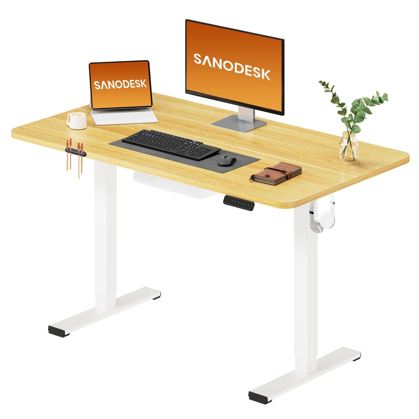 SANODESK Electric Standing Desk 110 * 54 One Piece Height Adjustable Desk With Memory Smart Panel Sit Stand Table With Hooks for Home Office, Maple