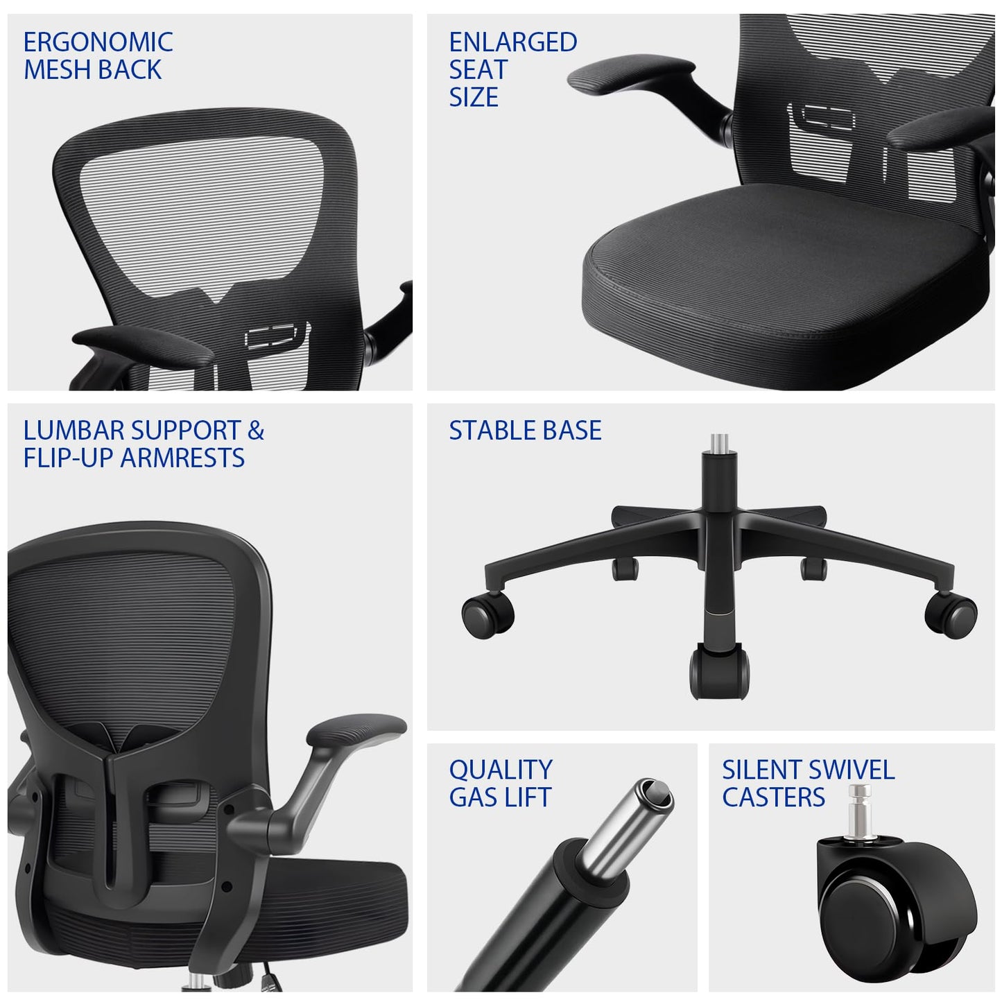 Durrafy Ergonomic Office Chair, Mesh Desk Chair with Adjustable Lumbar Support & Flip-Up Arms, Height Adjustable Swivel for Home Office