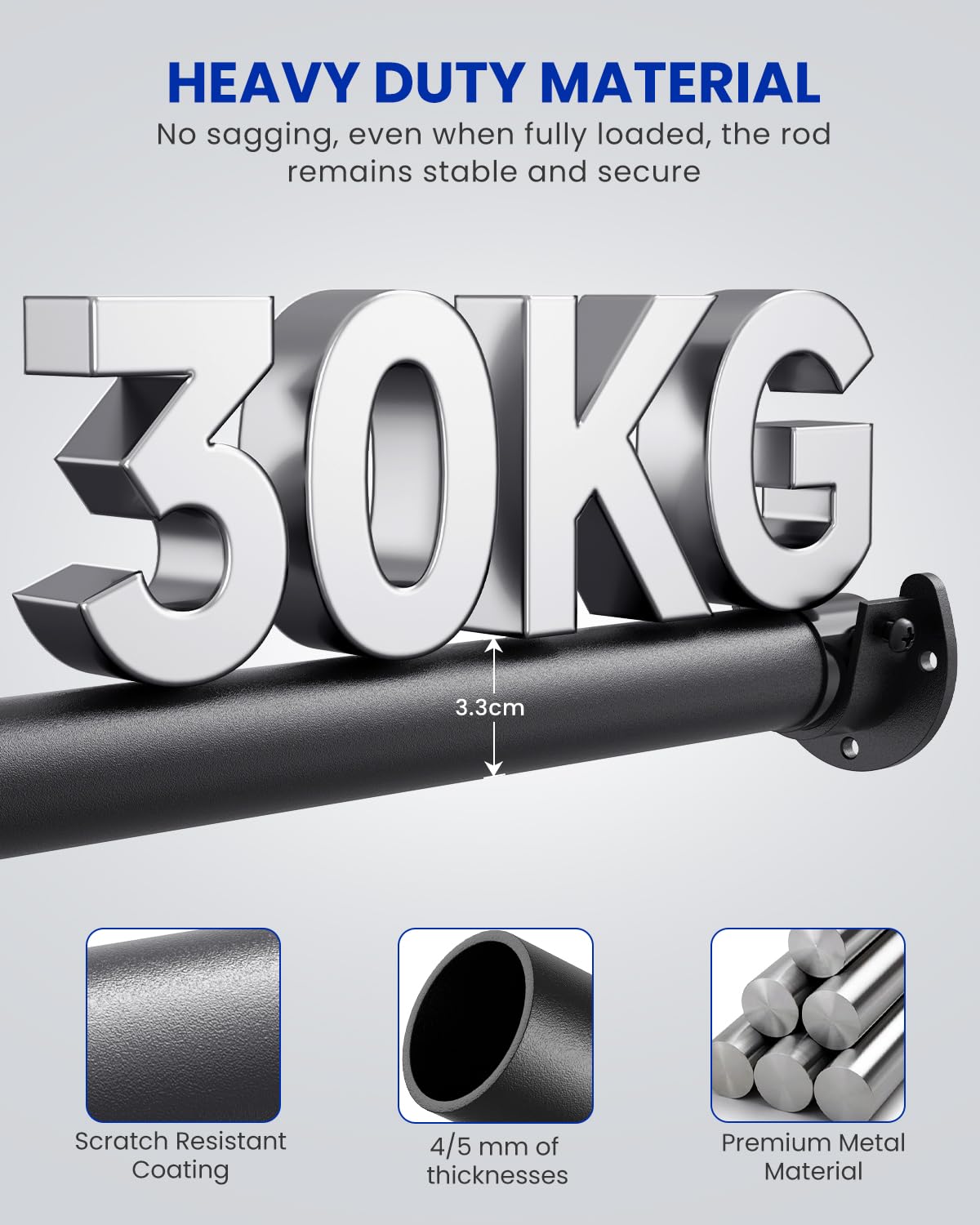 Wardrobe Rail, 43 to 135 CM Stepless Adjustable Metal Rails To Hanging Clothes, 3.3 CM Heavy Duty Wardrobe Rails and Fittings for Closet Wardrobes