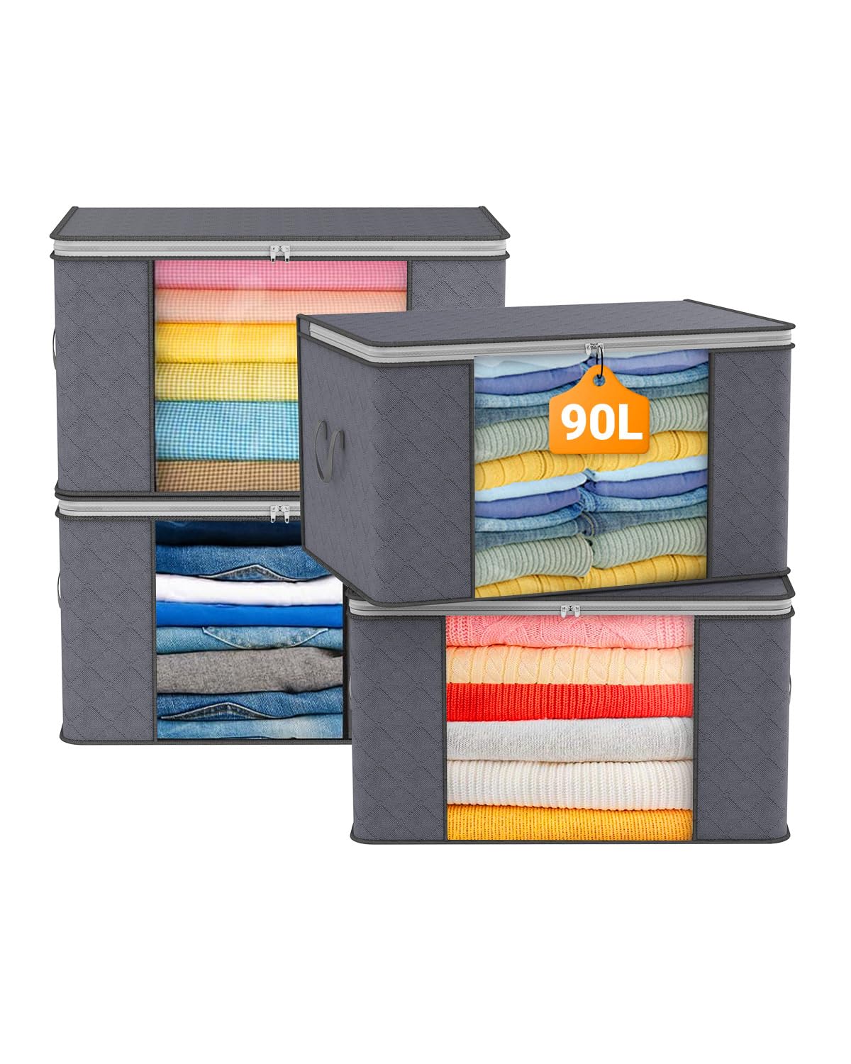 KALAHOL 90L Large Capacity Clothes Storage Boxes with Lids 4 Pack Dark Grey