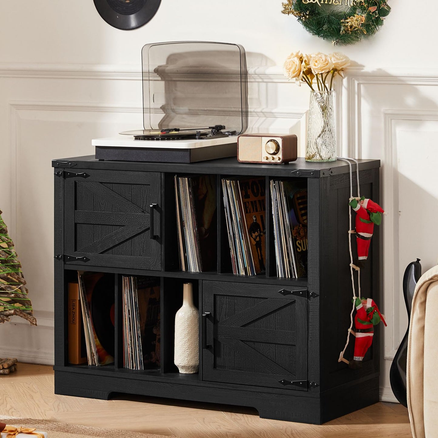 LELELINKY Record Player Stand with Storage, 1m Farmhouse Vinyl Cabinet