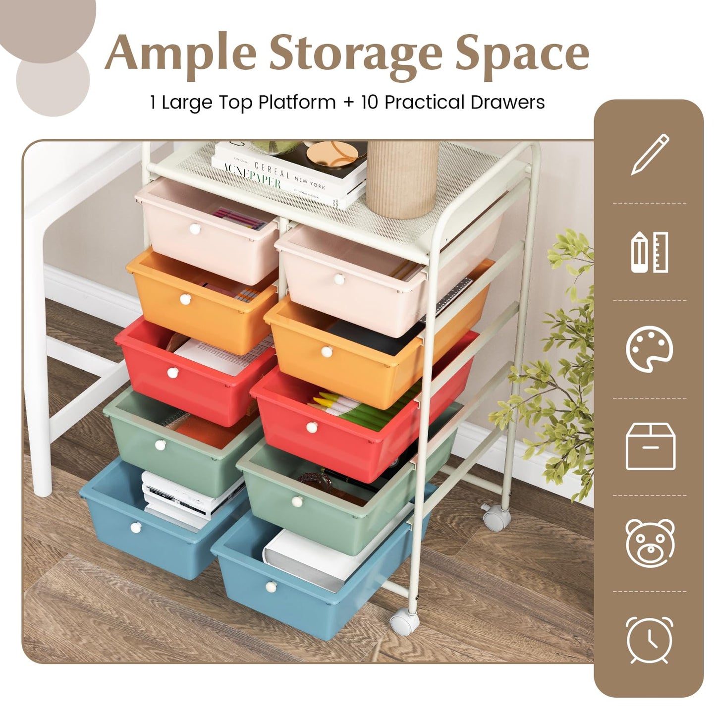 GiantexUK 10 Drawers Storage Cart, Mobile Rolling Storage Trolley with 4 Lockable Wheels & Handles