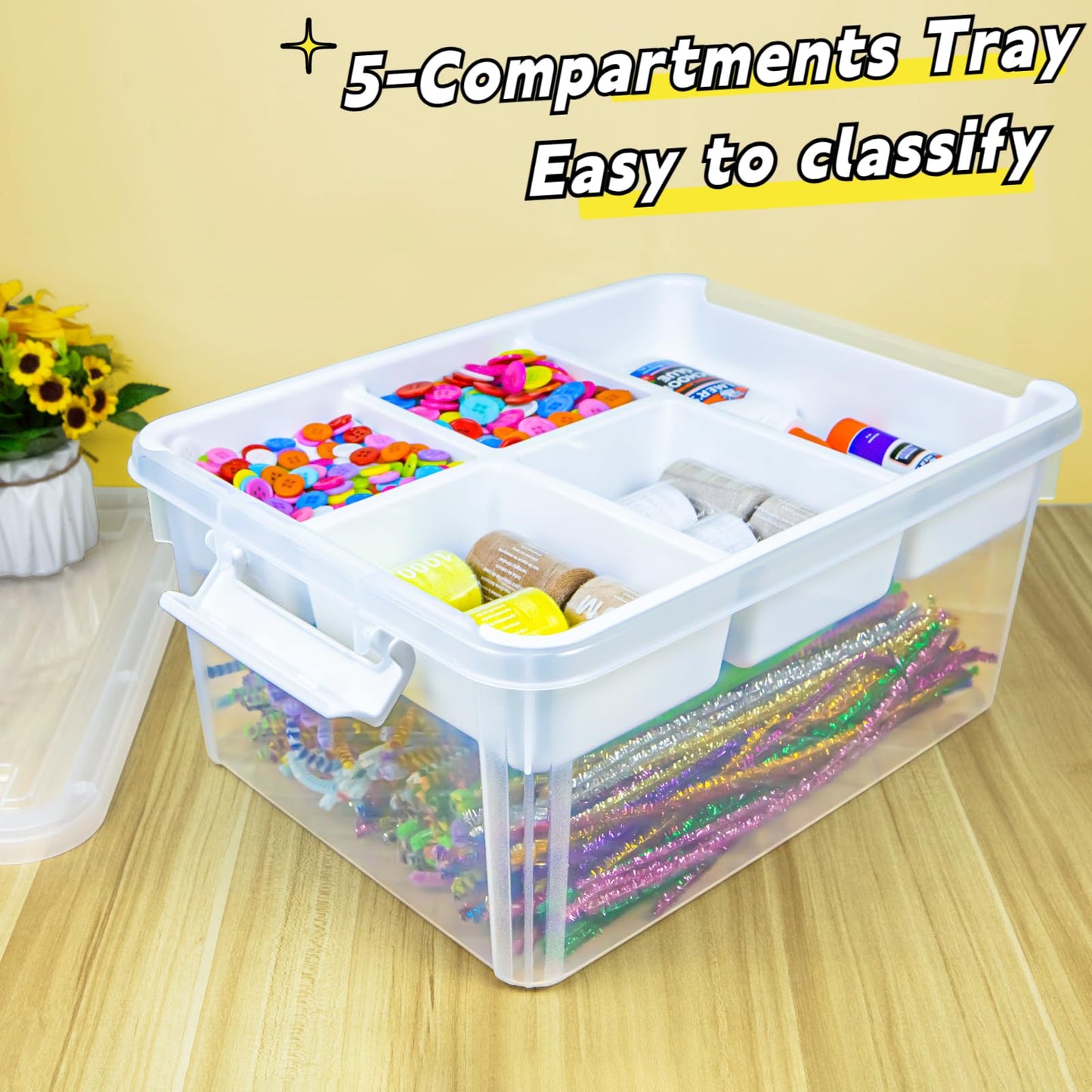 Creahaus 16L Organizers and Storage Box with Removable Tray, Durable Plastic Containers with Lids and Latching Buckles