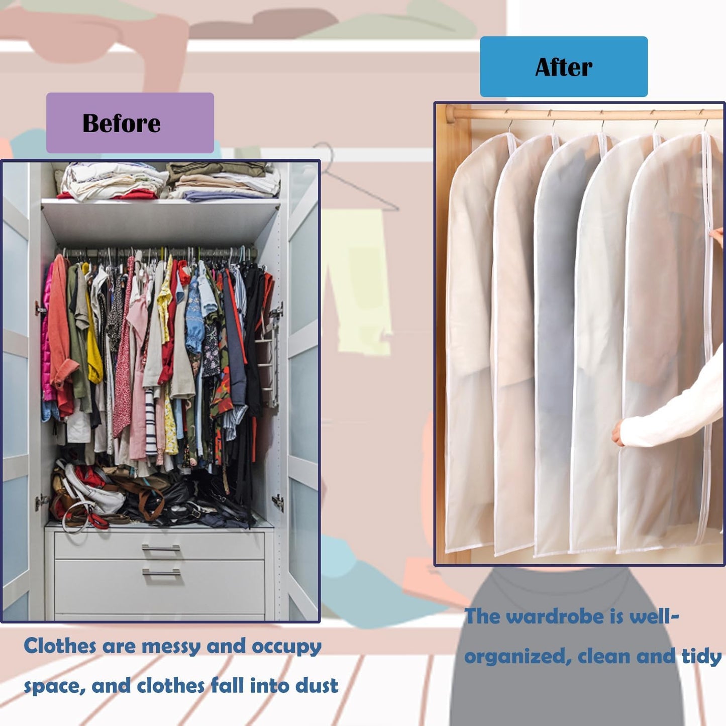 2 PCS Dress Bag Hanging Long Bags Covers Full Zipper Dress Protector Bags (60cm×140cm)
