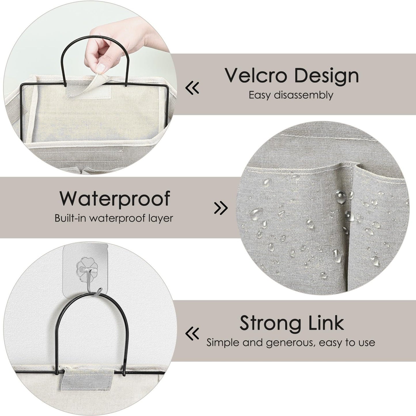 Set of 2 Waterproof Hanging Storage Organizers - Linen - Foldable - With Pockets - For Nursery, Bathroom, Bedroom, Office, RV - Grey