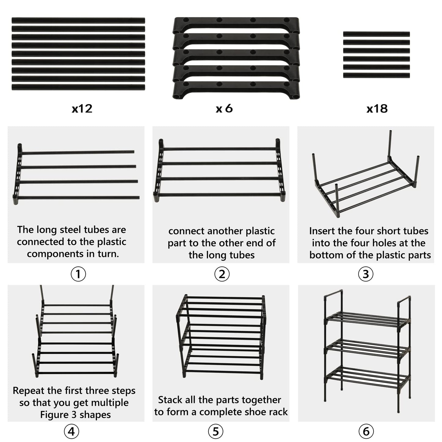 Ywinler 3 Tier Shoe Racks, Metal Shoe Storage Organiser Small Narrow Shoe Shelf Stackable for Hallway, Entryway, Living Room, 43 × 25 × 65cm, Black