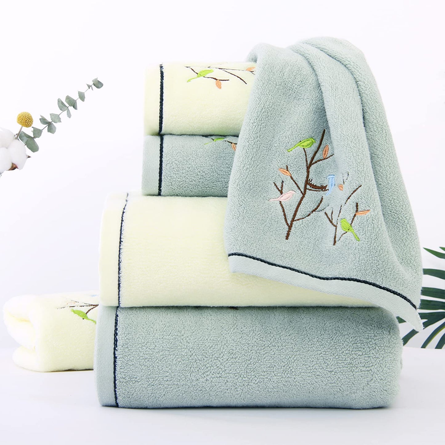 Pidada Hand Towels Set of 4 Embroidered Bird Tree Pattern 100% Cotton Absorbent Soft Decorative Towel for Bathroom 35 x 75 cm (Aqua Green)
