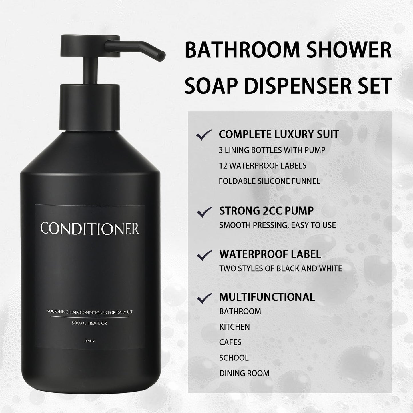 Janxin 3 500ml Black Soap Dispenser, Refillable Shampoo and Conditioner Bottles, Shampoo and Conditioner Dispenser
