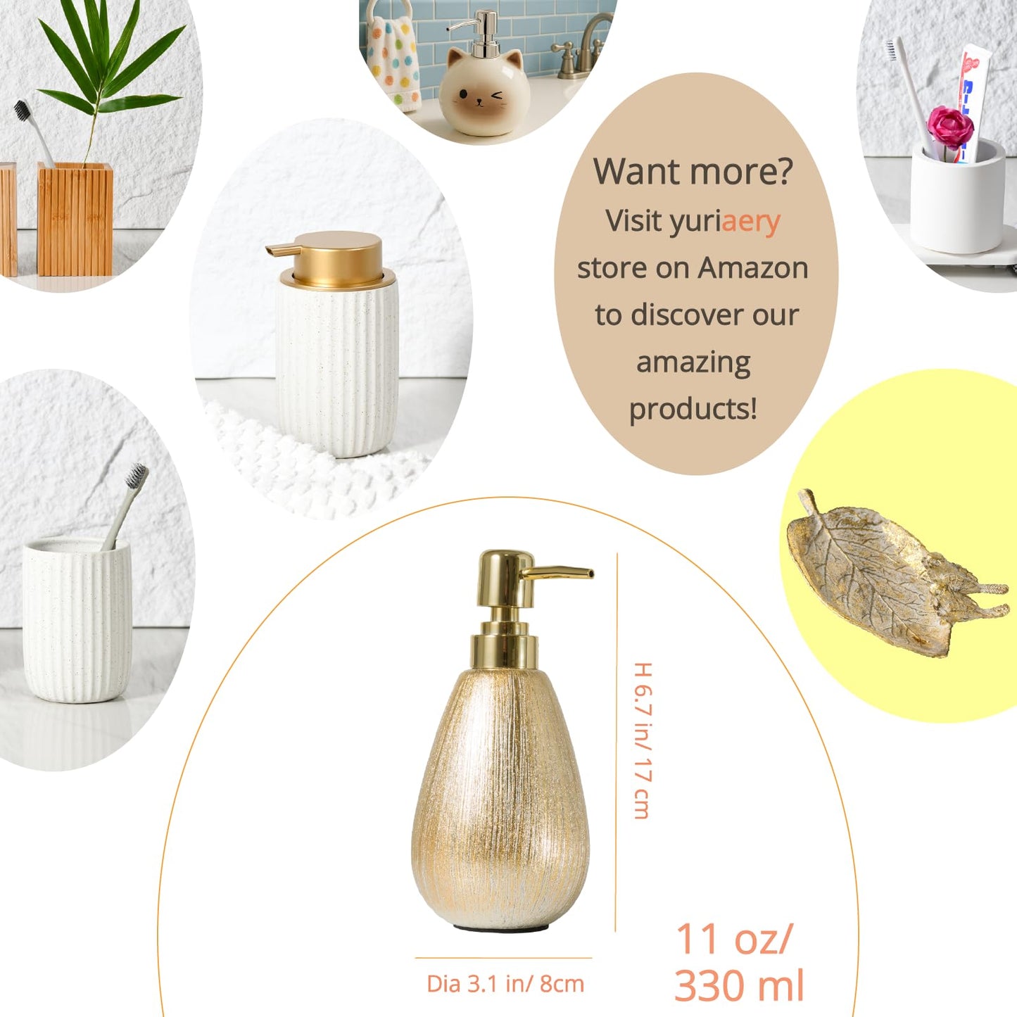 Brushed Gold Ceramic Soap Dispenser, 11 Oz Refillable Hand Soap and Sanitizer Pump, 3D Textured Design for Kitchen or Bathroom Décor, Brushed Gold
