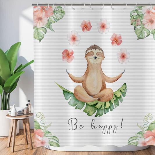 ASDCXZ Funny Shower Curtain 180x200 cm, Funny Tree Otter Be Happy Yoga Rose Flowers Green Tropical Leaves Washable Shower Curtains Polyester Textile