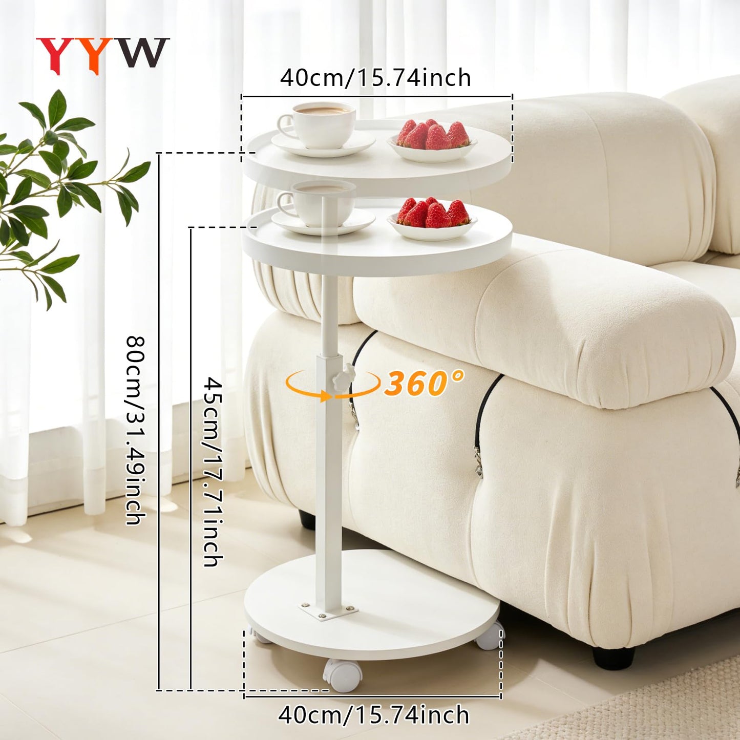 YYW C Shaped End Table Adjustable Height, Couch Tables that Slide Under for Small Spaces, 360°Swivel TV Tray Table