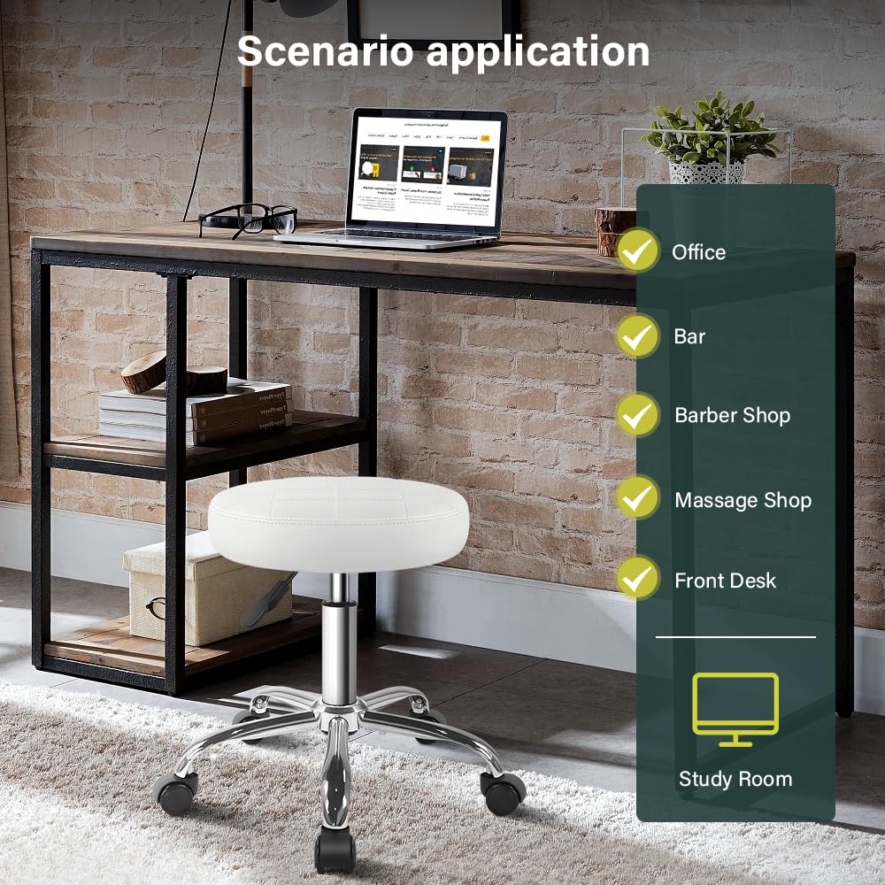 BFTOU White Classic Swivel Stool on Wheels Perfect for Salon Work Home SPA Shop Height-Adjustable and Cost-Effective Rolling Stool Chair Small White