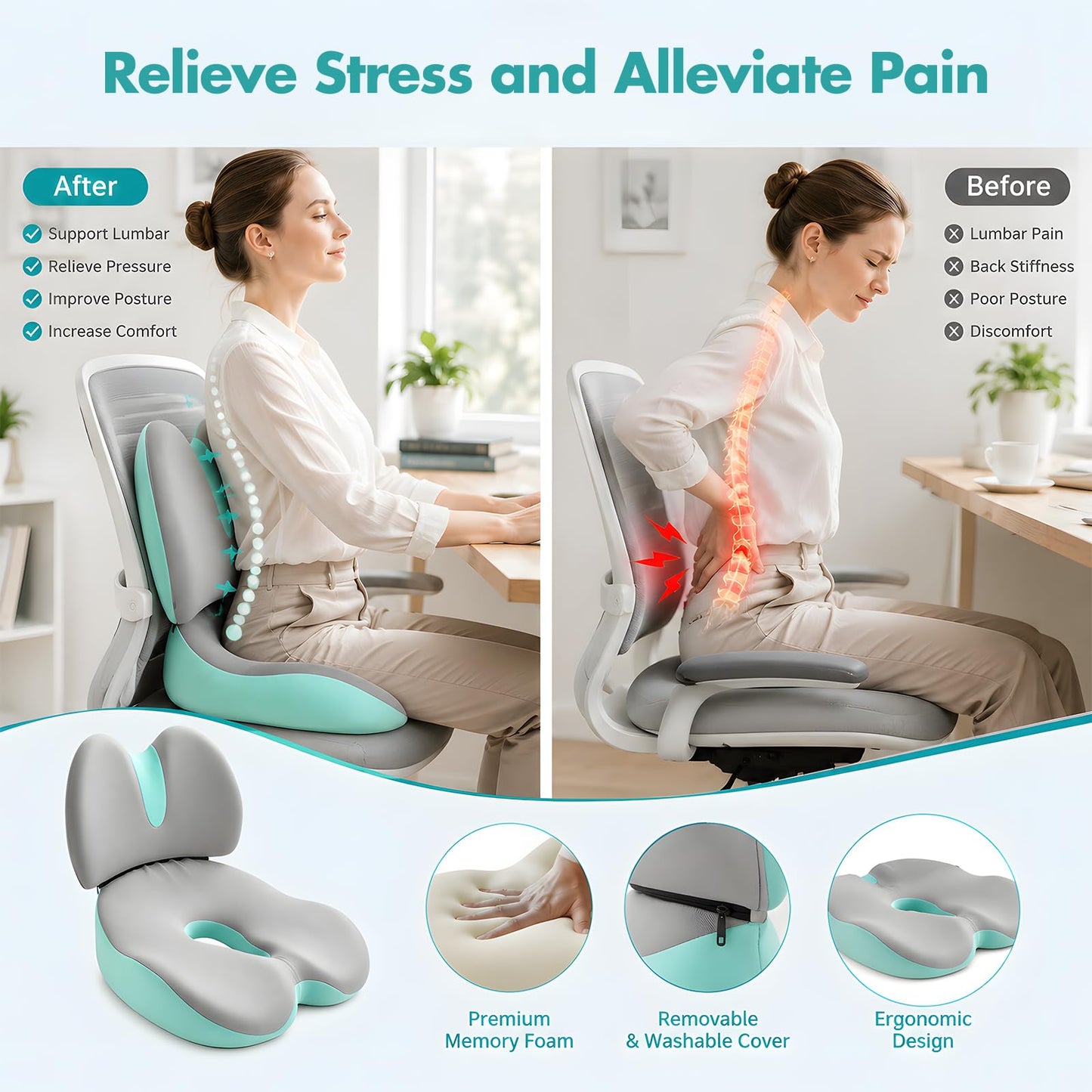 Memory Foam Seat Cushion & Lumbar Support Pillow Set, 2-in-1 Ergonomic Orthopaedic Office Chair Cushion with Non-Slip Base – Coccyx