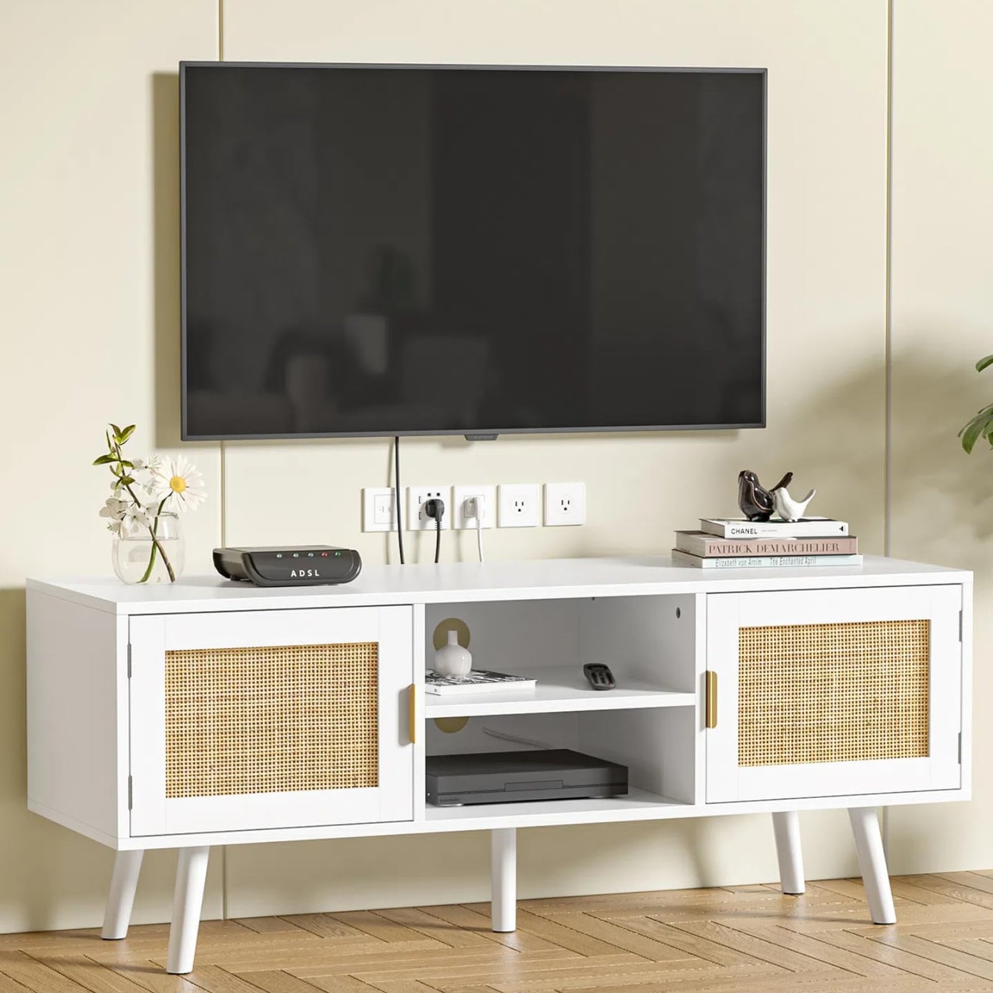 Skokliz TV Unit, 120cm TV Stand Cabinet for TVs up to 55inch, Rattan TV Table with 2 Doors and 2 Open Shelves, Boho Media TV Cabinet for Living Room