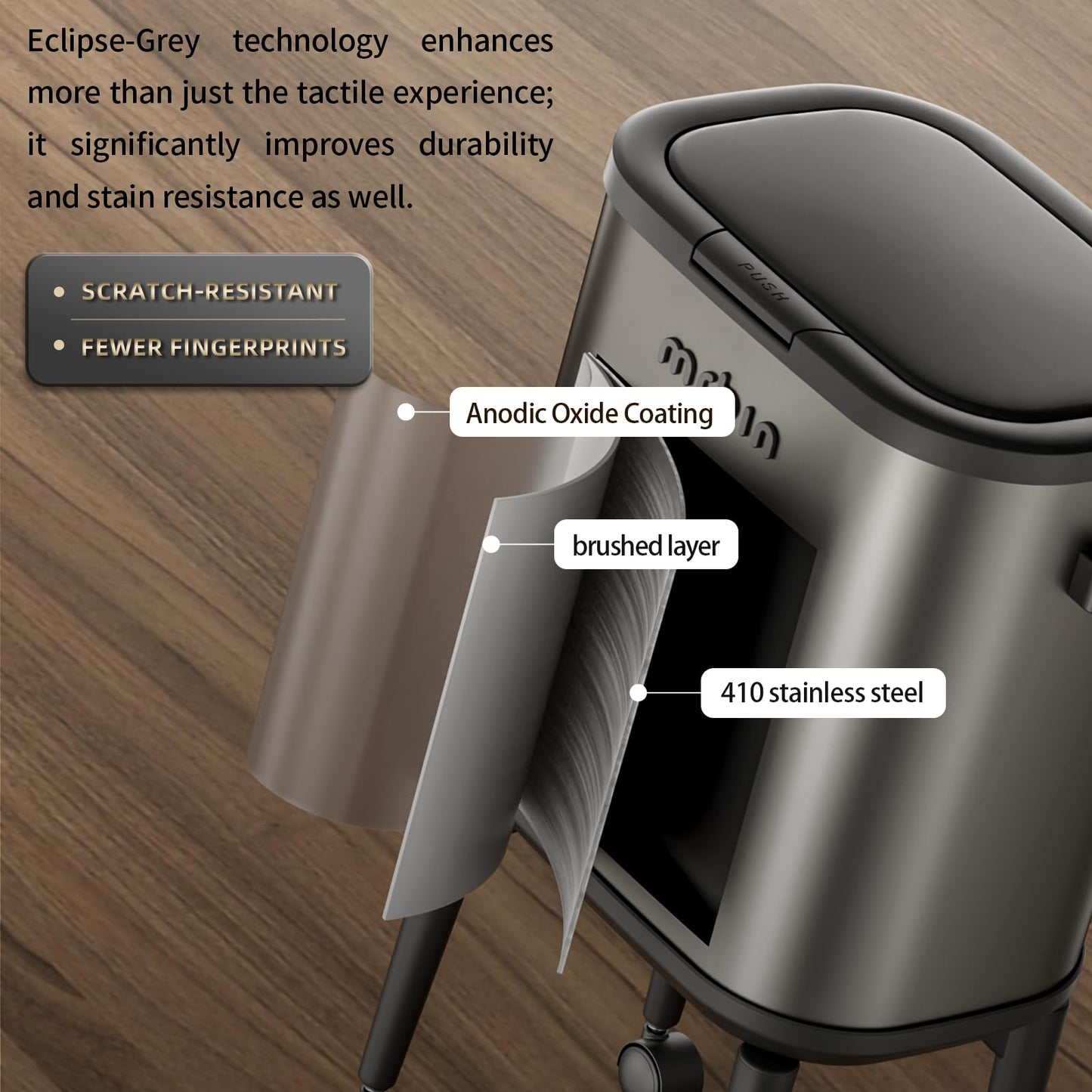 MRBIN Stainless Steel Slim Bathroom Trash Can with Legs and Wheels, 15L / 4gal Toilet Press Lid Waste Basket