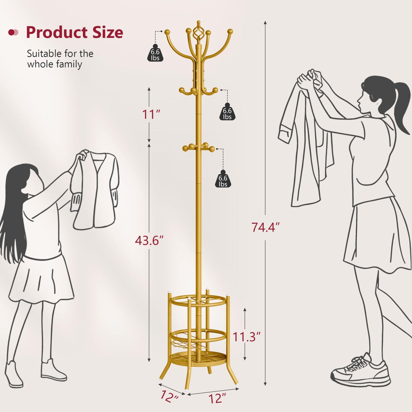 Tajsoon Coat Rack with Umbrella Holder, Coat Tree With 16 Hooks, Gold