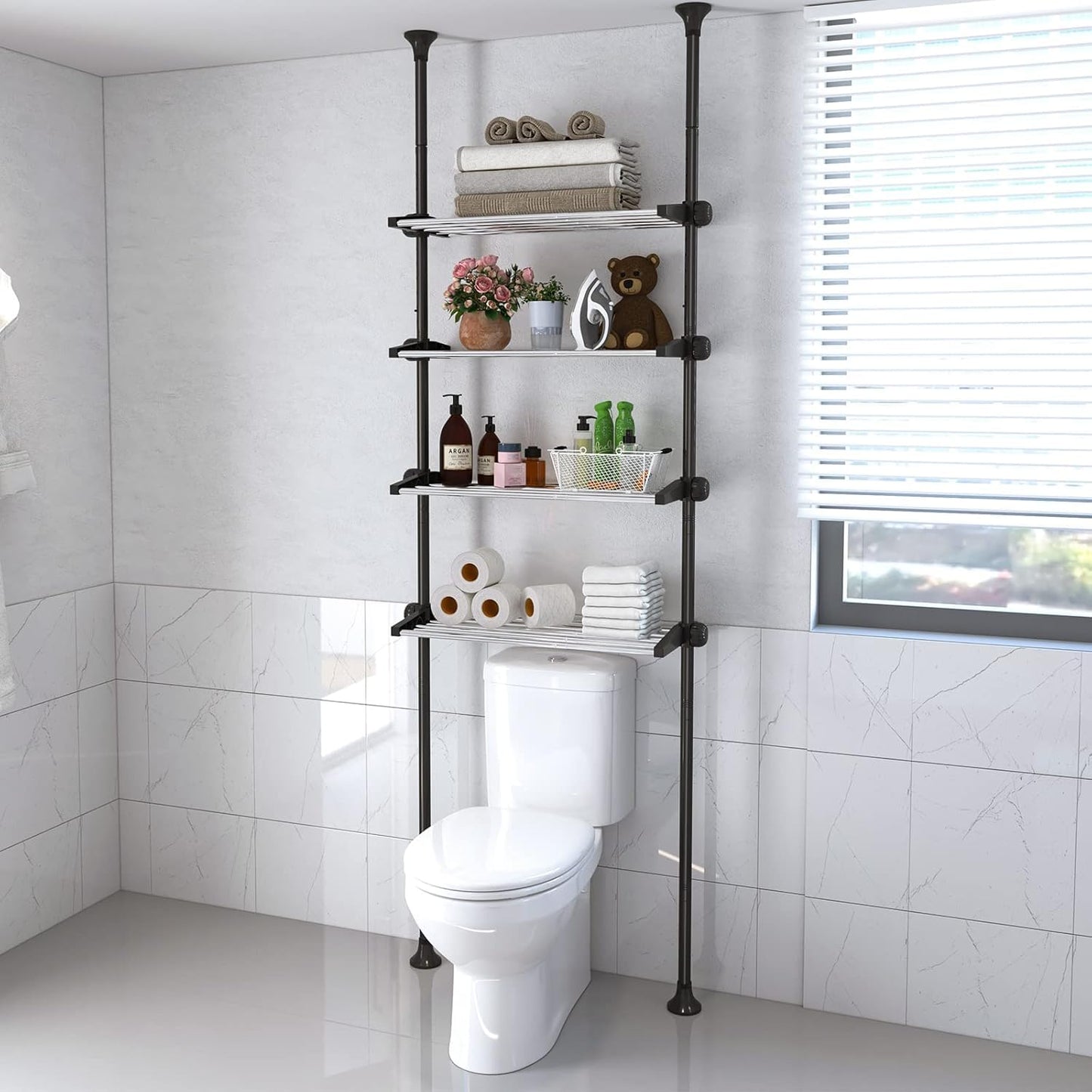 DAKEPOLE Black Over Toilet Shelf with 4-Level Adjustable Shelves, Space-Saving Double Tension Rod, Standing Shelf, Bathroom Shelves Organiser, Clothes