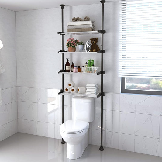 DAKEPOLE Black Over Toilet Shelf with 4-Level Adjustable Shelves, Space-Saving Double Tension Rod, Standing Shelf, Bathroom Shelves Organiser, Clothes