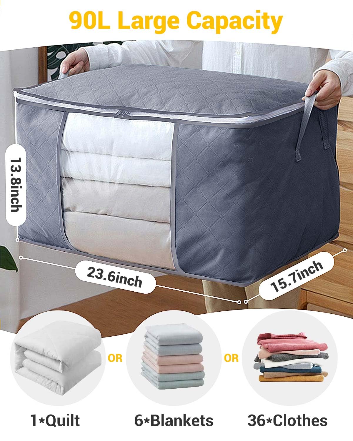 KALAHOL 90L Large Capacity Clothes Storage Bags with Zips, Storage Boxes with Lids, Reinforced Handle, Foldable, Thick Fabric, for Comforters