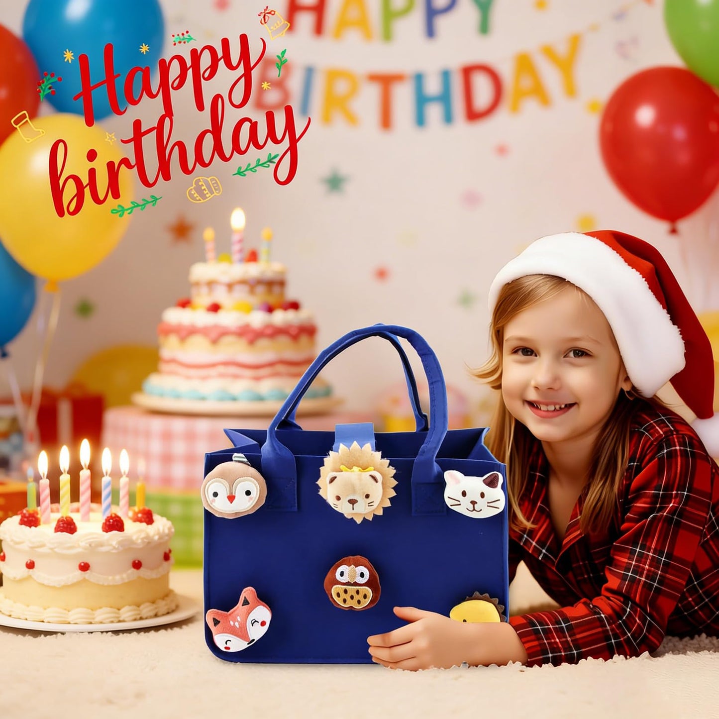 HUANYO Felt Storage Bag for Kids, 30x20x18 cm Colourful Toy Organiser with Handles, DIY Gift Bag for Holidays, Birthday, Christmas Presents (blue)