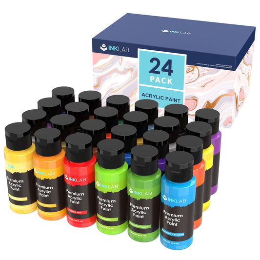 INK LAB Acrylic Paint Set 24 Vibrant Colour Non Toxics Acrylic Craft Paints Rich Pigment for Kids Adults Artists Beginners Canvas Ceramic Crafts