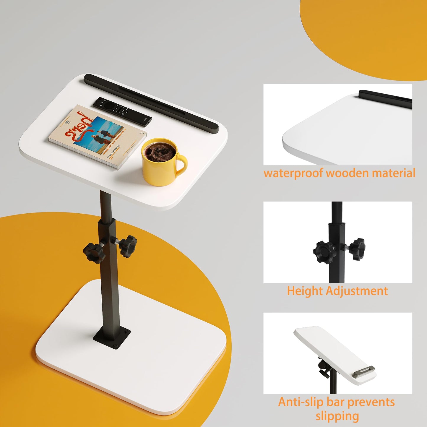 Xyphren C Shaped Side Table, 40x30cm Height Adjustable End Table for Small Spaces, 360° Swivel with Anti-Slip Bar