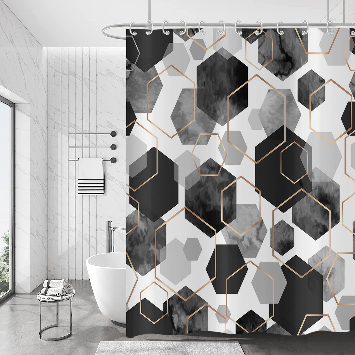 Hnmdmyi Black Shower Curtain 180x200, Modern Geometric Hexagon Abstract Art Bathroom Curtains Waterproof Polyester Fabric Washable Bath Curtains with
