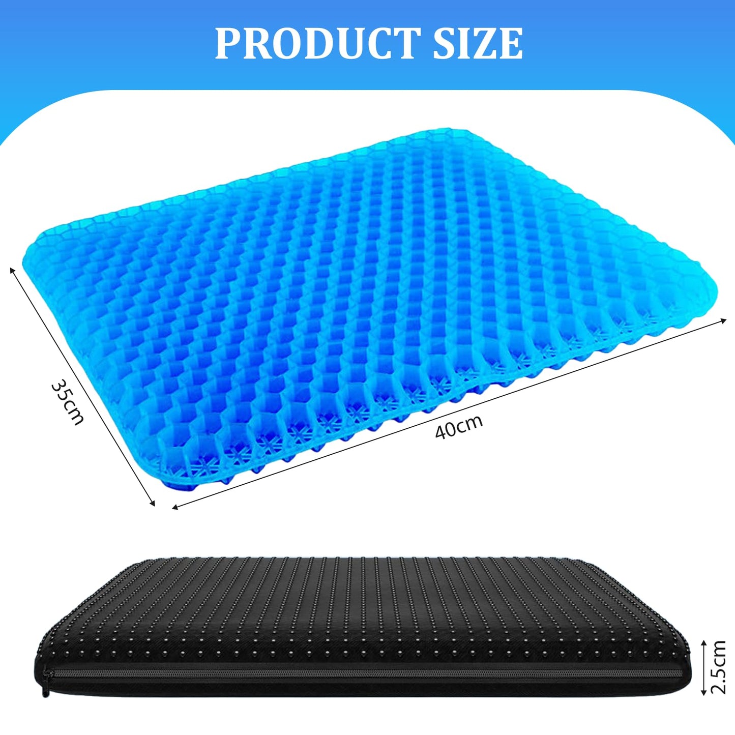 Bettinay Gel Cushion for Sitting with Non Slip Covers, Honeycomb Double Thick Soft Seat for Long Sitting Car Office (40 * 35 * 2.5)