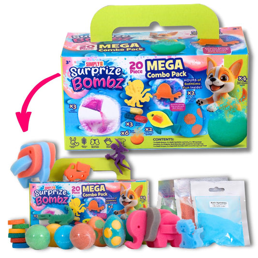 Simply Toys Surprize Bombz 20-Piece Mega Bath Bomb Pack | Kids Bath Bombs with Toys Inside for Ages 3+ | Egg Bath Bombs, Bath Beans, Sprinkle Sachets,