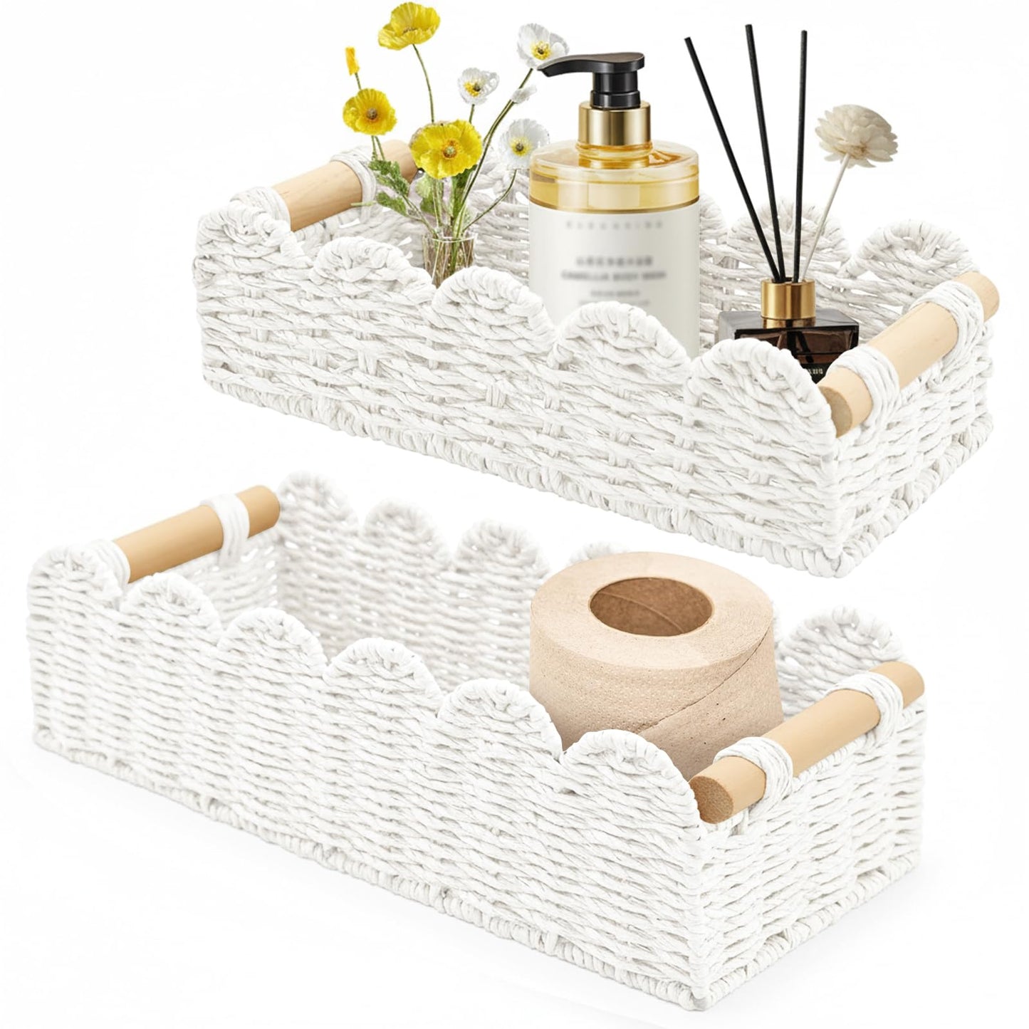 Yiomxhi 2 Pcs Wicker Storage Baskets, Woven Organizer Bins with Wooden Handles, Rope Scalloped Edge Toilet Paper Baskets for Bathroom, Shelf, Kitchen